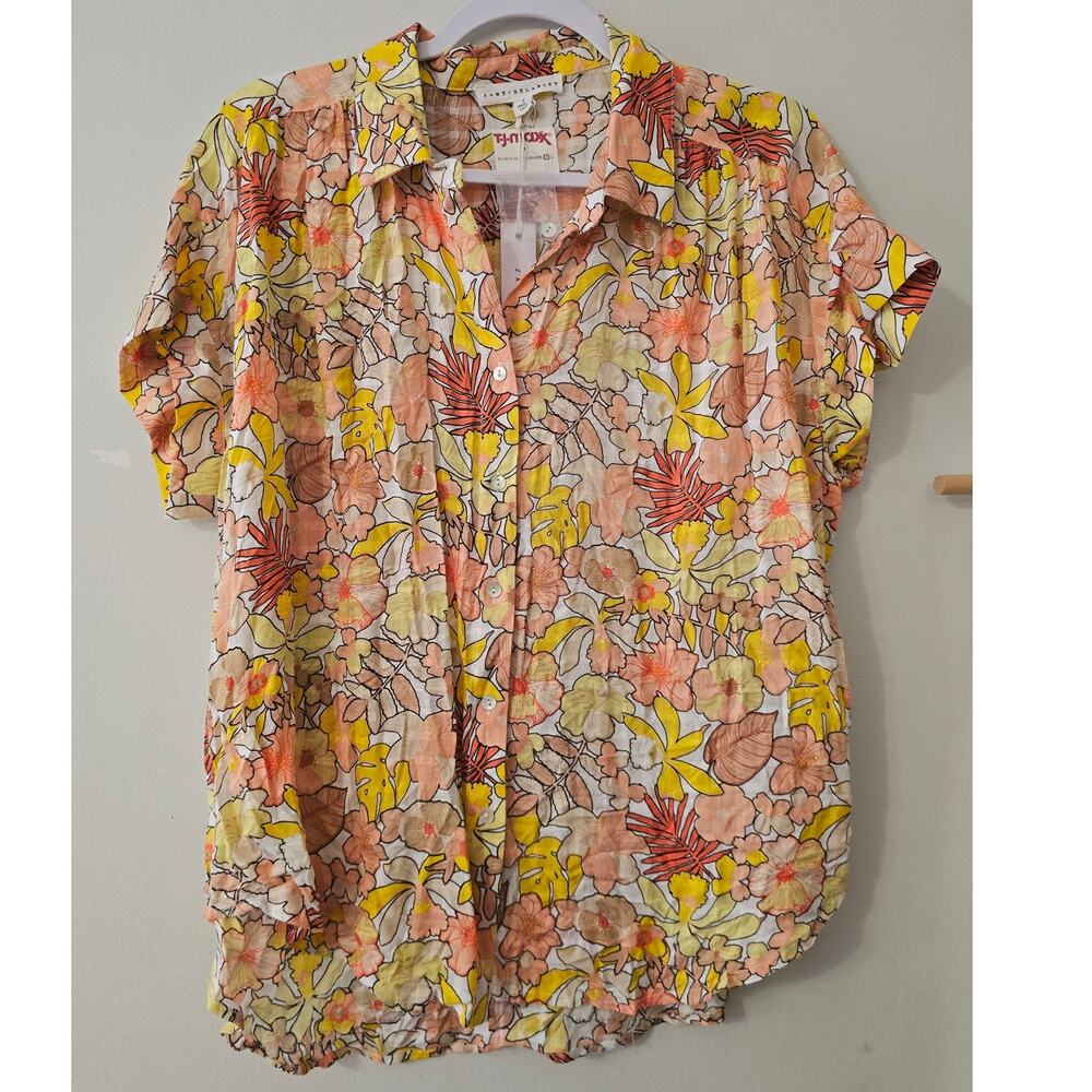 NWT Jane and Delancey Flower Power Button Up Short Sleeve Shirt Size L Large